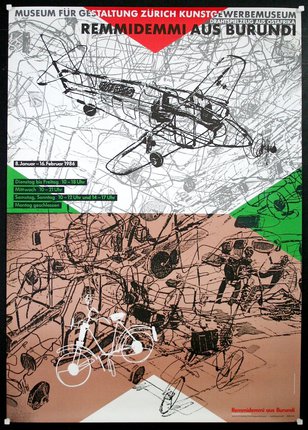 a poster with a drawing of a plane and a bicycle
