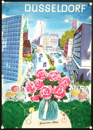 a poster of a city with a bouquet of flowers