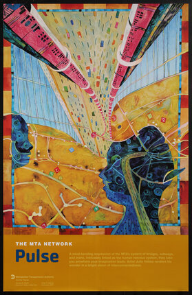 poster with abstract painting of a head and train cars flowing above