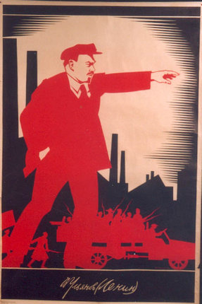 a red and black poster with a man pointing