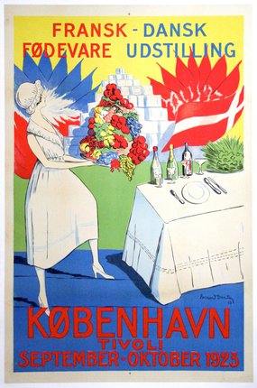 a poster of a woman holding a tray of flowers