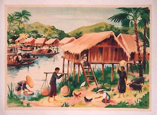 a painting of people working on a hut