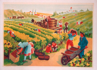 a painting of people working in a vineyard