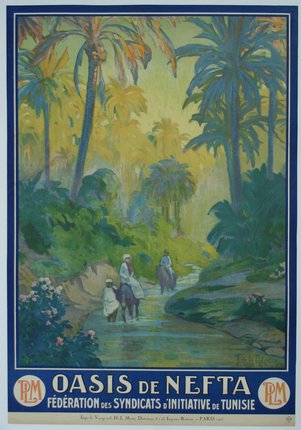 a poster with people riding horses in a stream