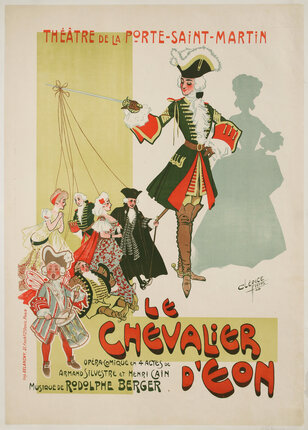 a poster with a feminine swashbuckler holding a sword on the tip of which has puppet strings holding up a group of people