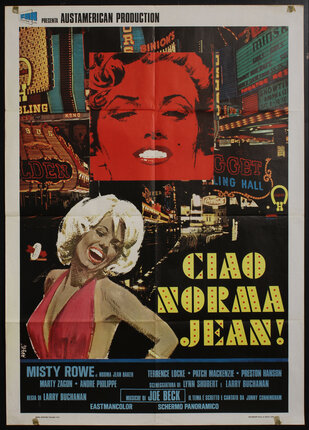 a poster of a blonde woman under neon signs, marquees and posters.
