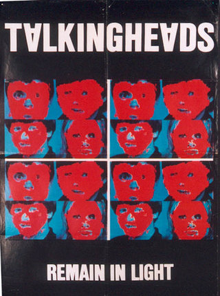 a poster with red and blue faces