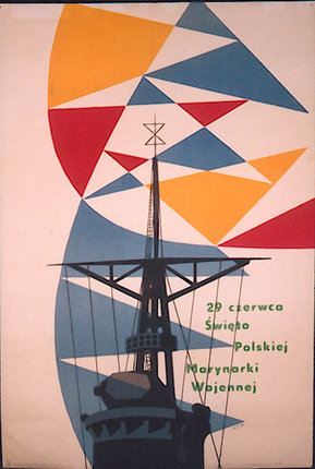 a poster with a tower and colorful triangles