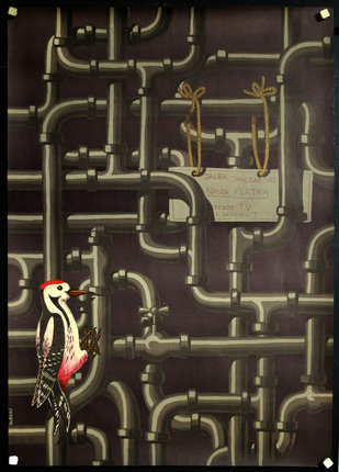 a poster with a bird standing in front of a pipe