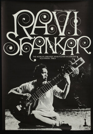 Ravi shankar playing a sitar with his name on top in a stylised font