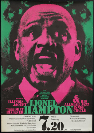 stylised poster of Lionel Hampton wearing a tie, with his mouth open