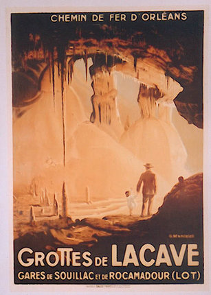 a poster of a man and a child in a cave