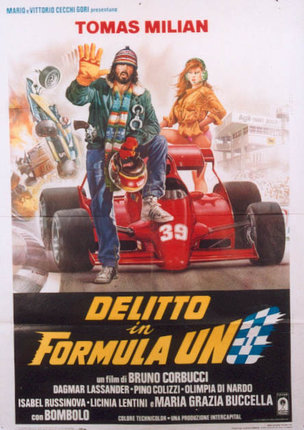 a poster of a man on a race car
