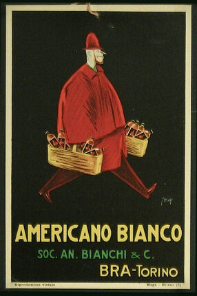 a poster of a man carrying a basket of bottles