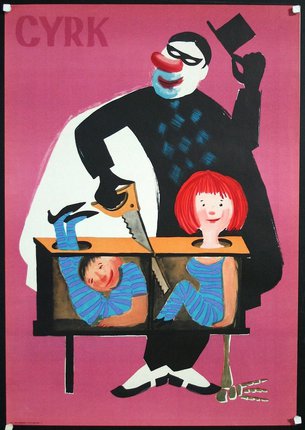 a clown holding a saw and a couple of children