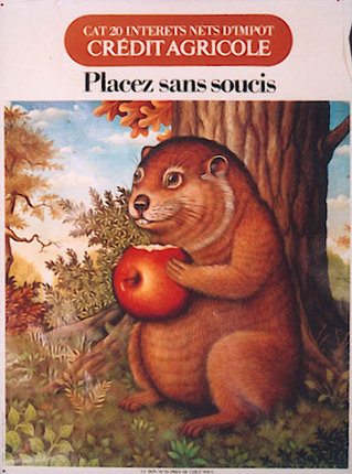 a poster of a beaver holding an apple