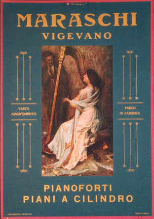 a poster with a woman holding a harp