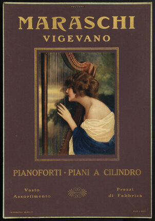 poster with an illustration of a female harpist in a blue dress