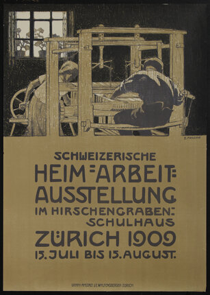 a poster with an illustration of two young people working at a loom and text