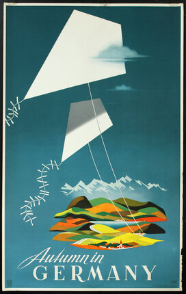 a poster of a kite flying over a mountain