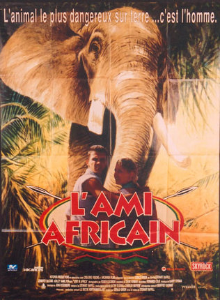 a poster of two men standing next to an elephant