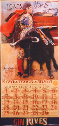 a poster with a bull and a man