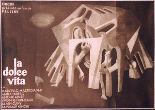 a poster with a group of hands and a building