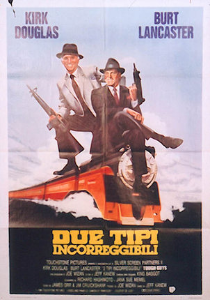 a poster of two men riding on a train