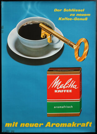 a poster with a key on a cup of coffee