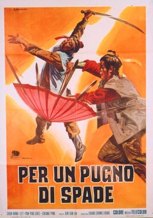 a poster of two men fighting with swords