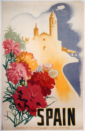 a poster of a beach with flowers