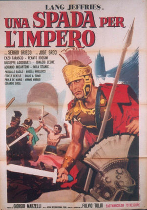 a movie poster of a man in a helmet holding a spear