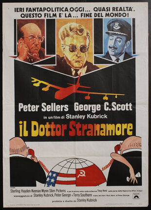 movie poster with cartoon of two men separated by a globe both on red phones. their backs are turned to us, a plane is in the sky, and photos of Peter Sellers as three different characters. 