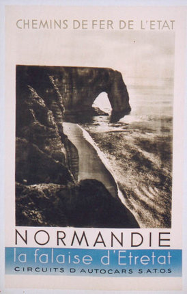a poster of a beach with a rock arch