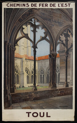 poster with view of a cathedral courtyard through ornate Gothic style arches