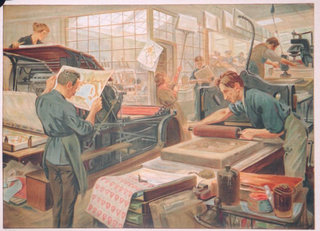 a painting of men working in a printing factory