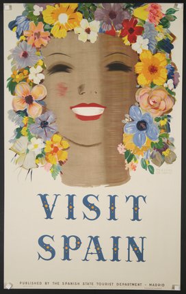 a poster with a woman's face with flowers in her hair