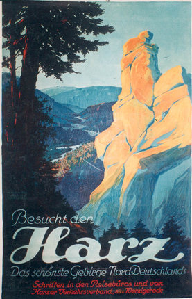 a poster of a mountain with a tree and a river