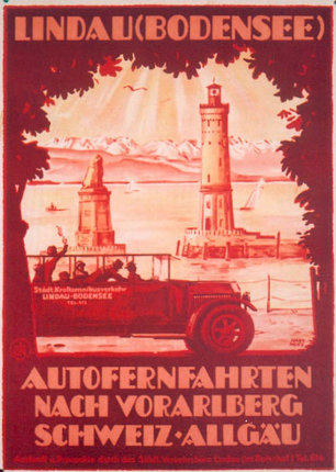 a red and white poster with a car and a lighthouse