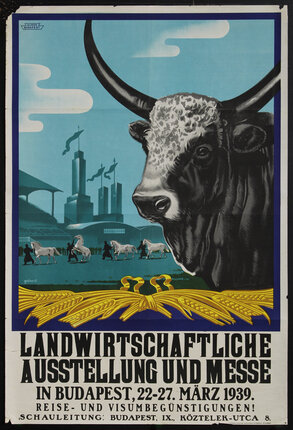 a poster with a bull and horses