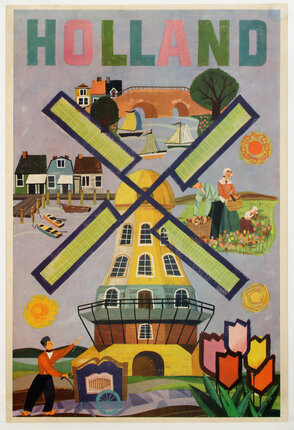 a poster with a windmill and people