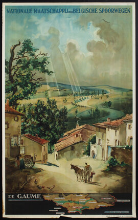 a painting of a village with a horse and a horse