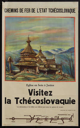 a poster with buildings and mountains in the background