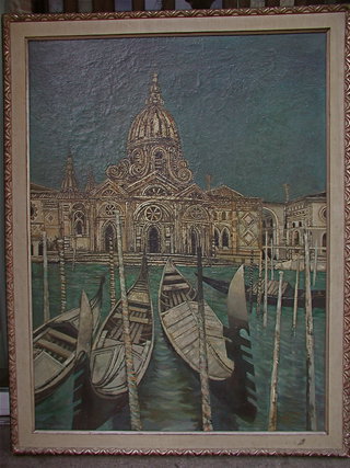 a painting of boats in water