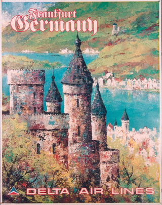 a poster with a castle and a city