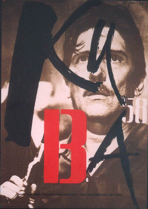 a poster with a man's face and a red letter