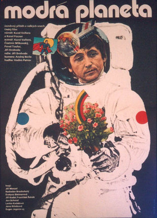 a poster of a man in an astronaut suit holding flowers