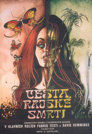 a poster of a woman with long red hair