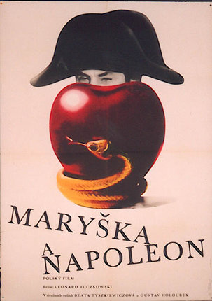 a poster with a hat and an apple
