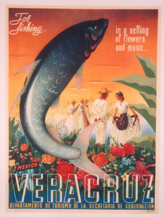 a poster with a fish and people in the background